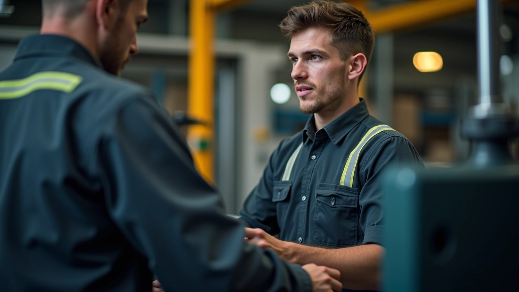 Junge Facharbeiterin wird an moderner Fertigungsmaschine von erfahrenem Kollegen trainiert und eingearbeitet