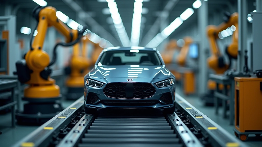 Automobil-Montagelinie mit Roboterarmen und Fahrzeugkarosserien in modernem Werk