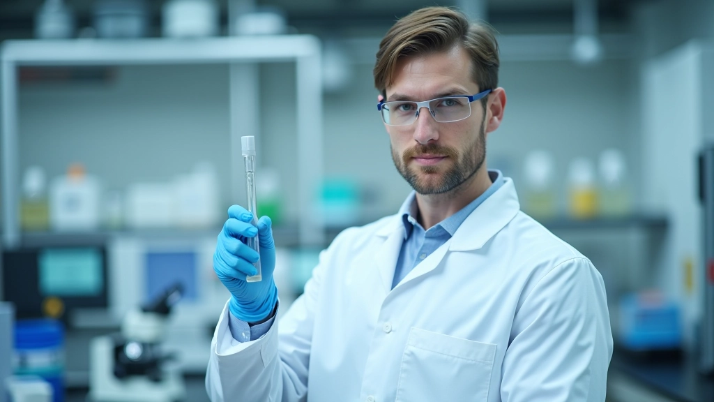 Laborant misst chemische Substanzen mit Pipette, moderne Laborausstattung im Hintergrund