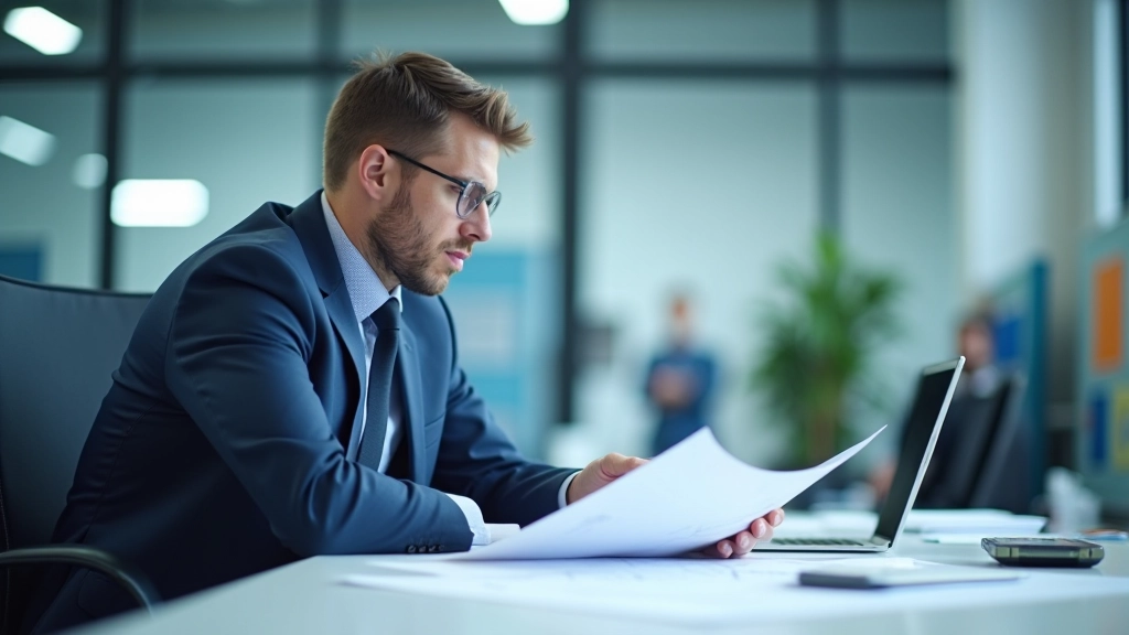 Ingenieur prüft technische Zeichnungen in modernem Büro mit Produktionsanlage im Hintergrund