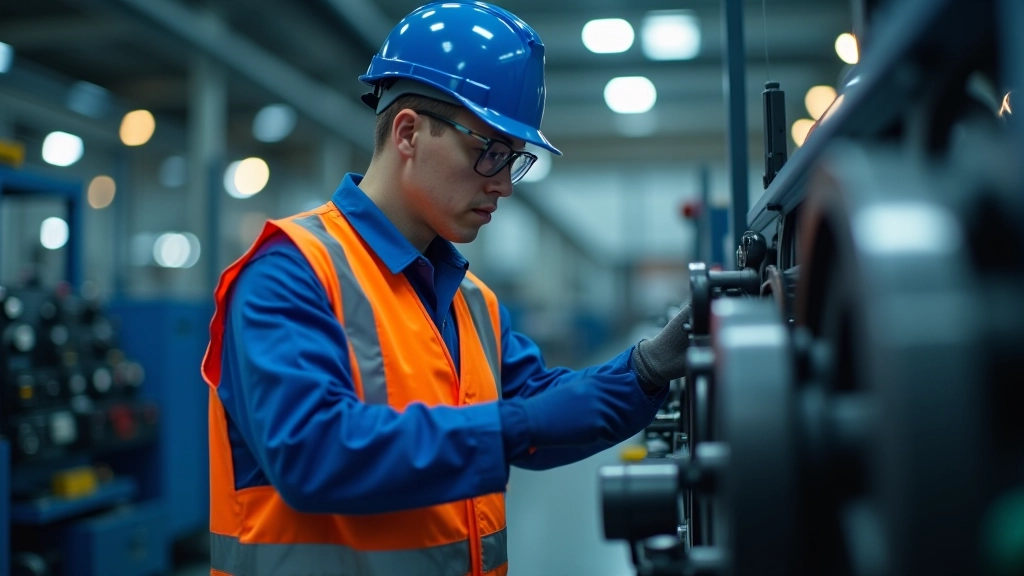 Fabrikarbeiter überprüft Maschineneinstellungen in einer modernen Produktionsanlage mit Metallteilen