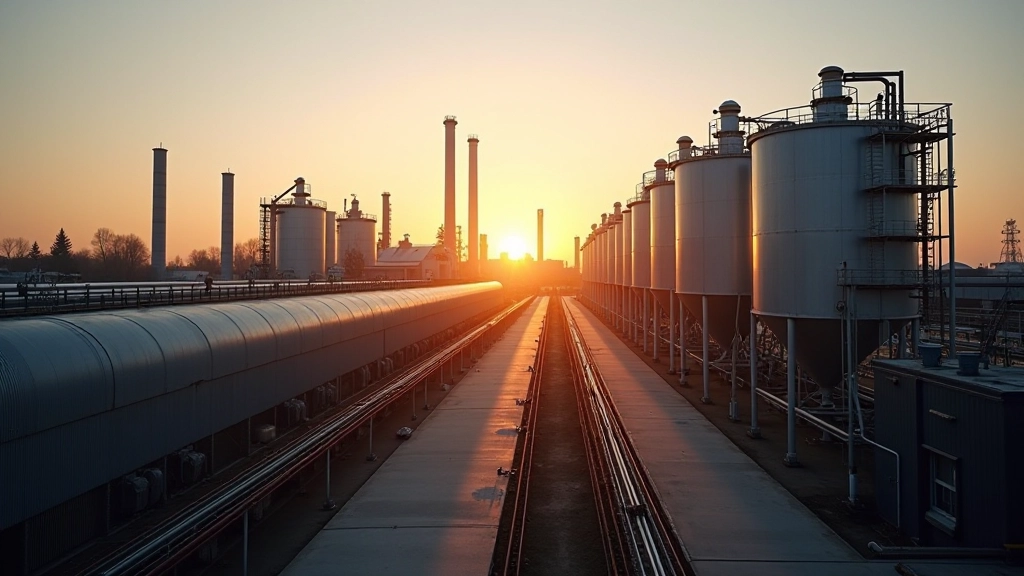 Industrielle Chemiefabrik mit Rohrtanks und Produktionsanlagen im Abendlicht