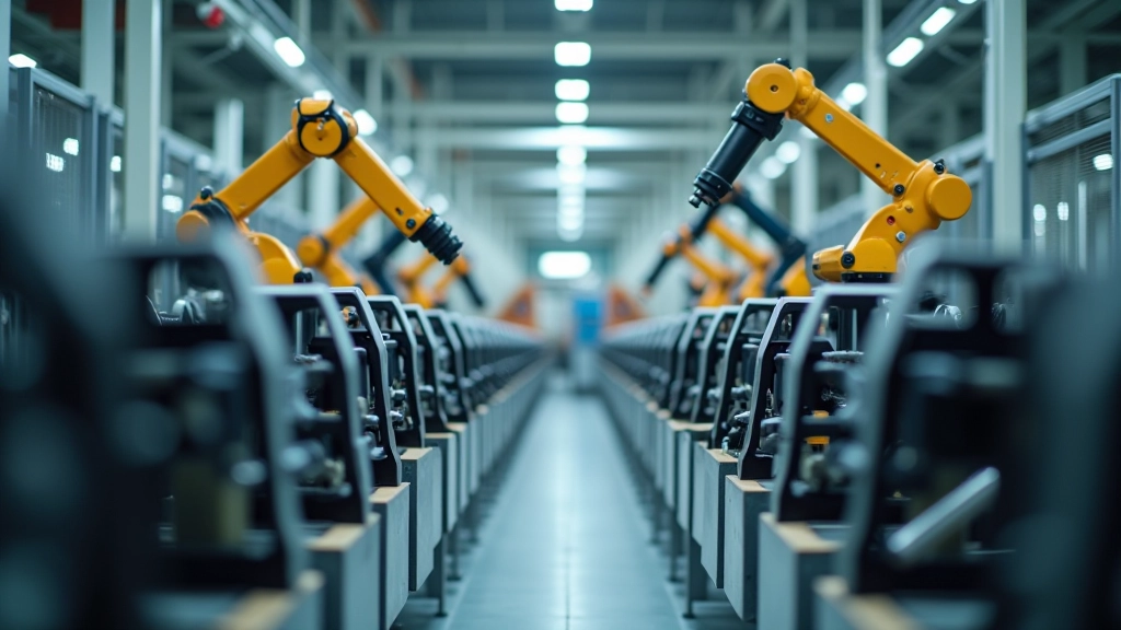 Fertigungslinie in einer modernen Autofabrik mit Roboterarmen und hochmodernen Maschinen