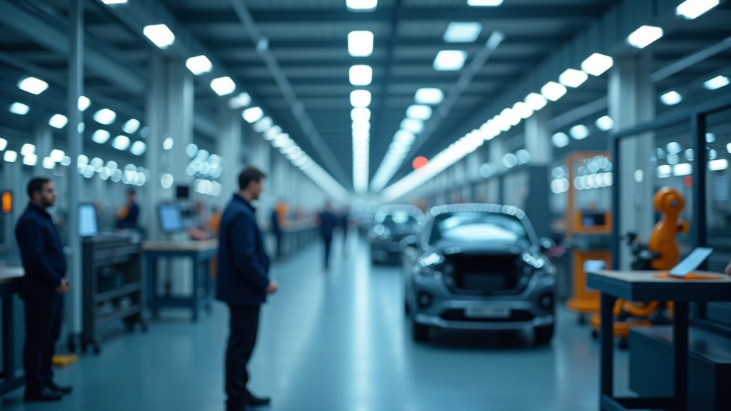 Zukunftsgerichteter Fabrik-Shopfloor mit modernen Robotern und automatisierten Fahrzeugmontage-Stationen