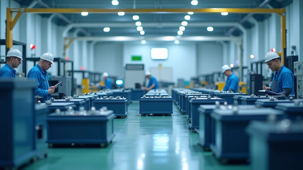 Moderne Batterieproduktionslinie mit Robotern und Testtechnik in Industrieanlage
