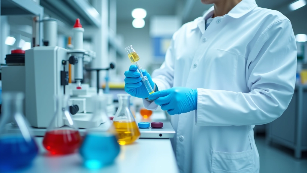 Chemisches Labor mit modernen Geräten, Messgeräten und Chemikalien in Glasflaschen