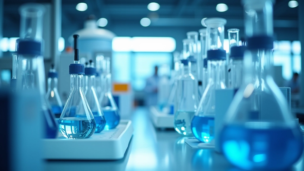 Chemielabor mit Glasapparaturen, Behältern und Chemikalien unter professioneller Beleuchtung