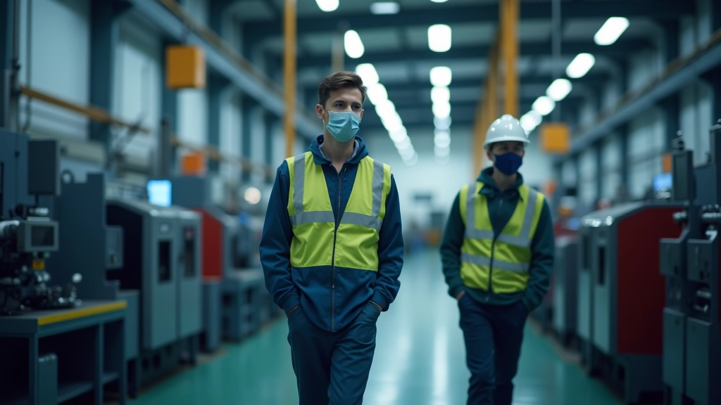 Moderne Produktionshalle mit Maschinen und Arbeitern in einer deutschen Fabrik