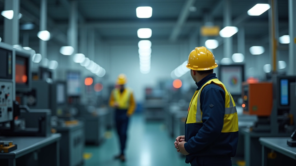 Moderne Fabrikanlage mit Produktionsmaschinen und Facharbeitern in Sicherheitsausrüstung